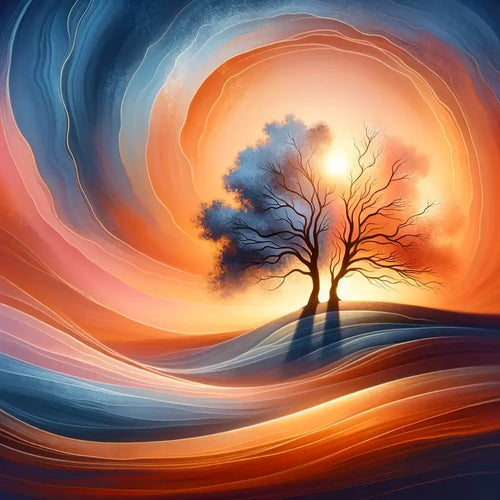 Two-toned tree silhouette with vibrant orange and blue hues, abstract design.