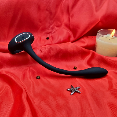Silicone cock ring and anal plug combo with remote control and smartphone compatibility.